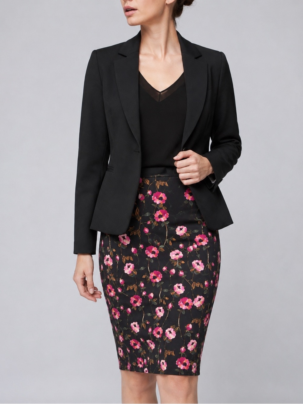 White House Black Market Black Pencil Skirt with Pink Floral Print